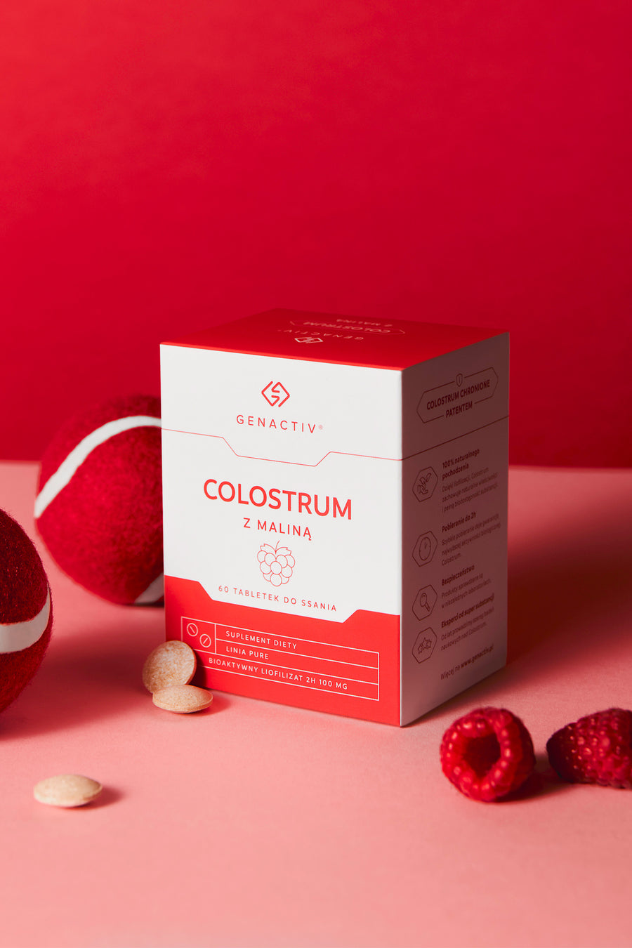 Colostrum z maliną Genactiv, tabletki do ssania – opakowanie produktu