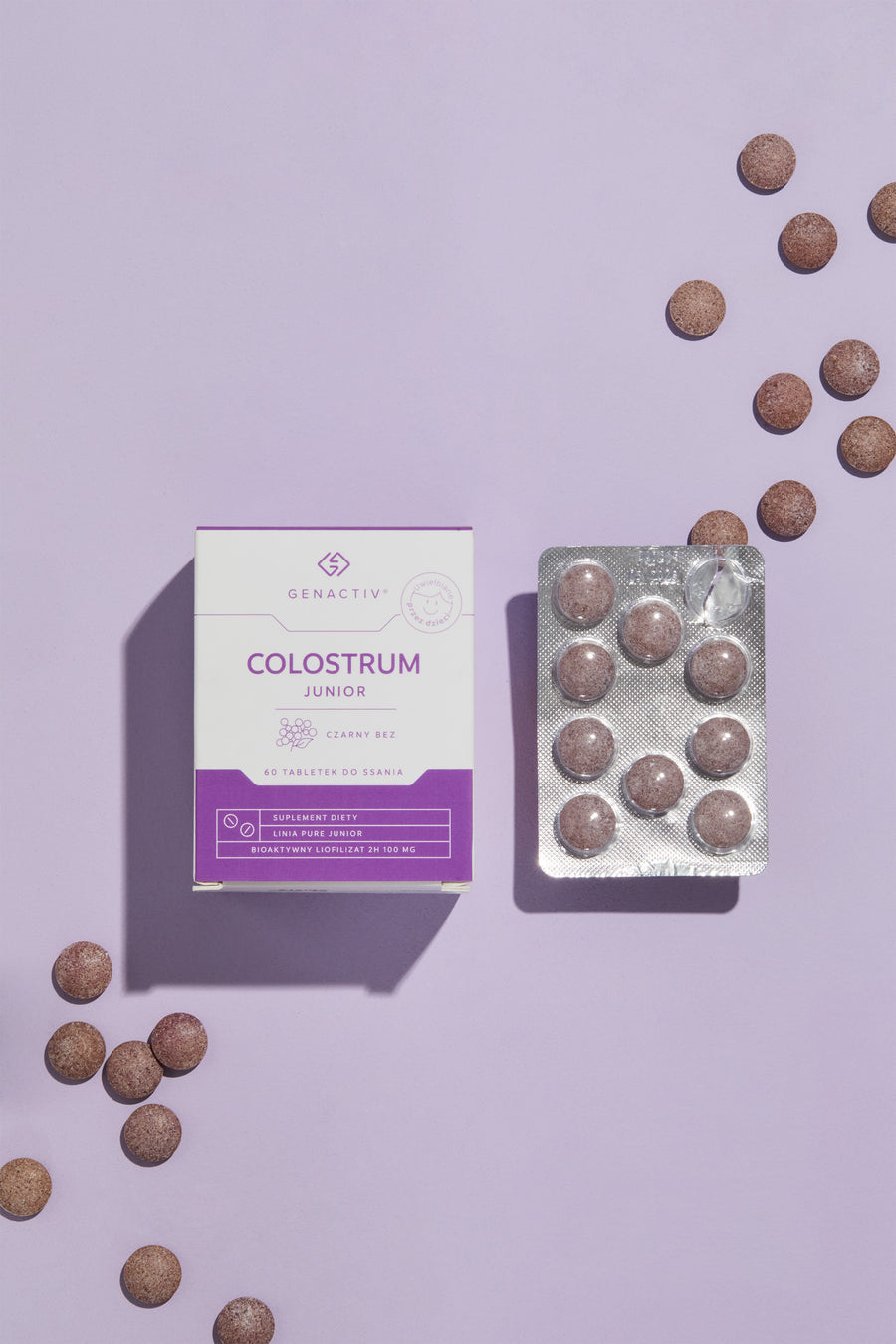 Colostrum Junior z czarnym bzem Genactiv, tabletki do ssania – opakowanie produktu