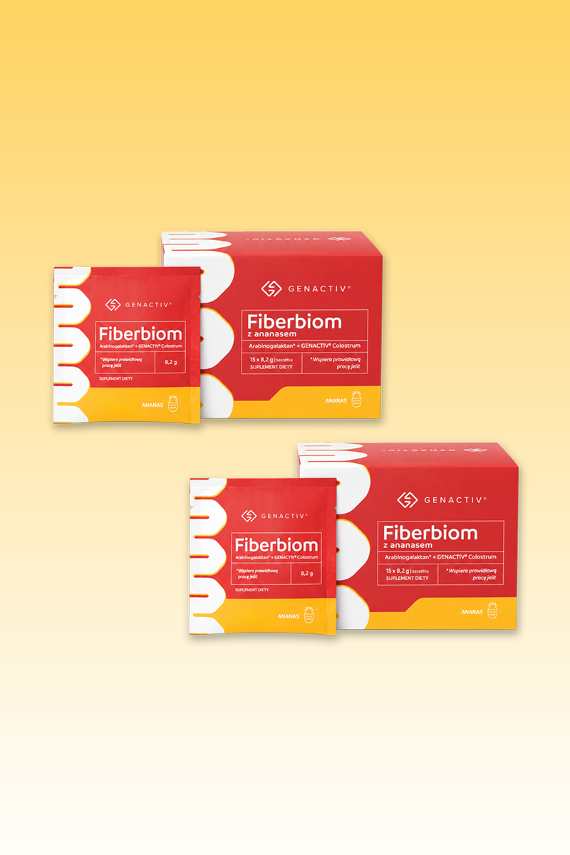 FIBERBIOM z ananasem dwupak Genactiv – 2 opakowania (30 saszetek), oszczędź 59 zł na błonniku z colostrum