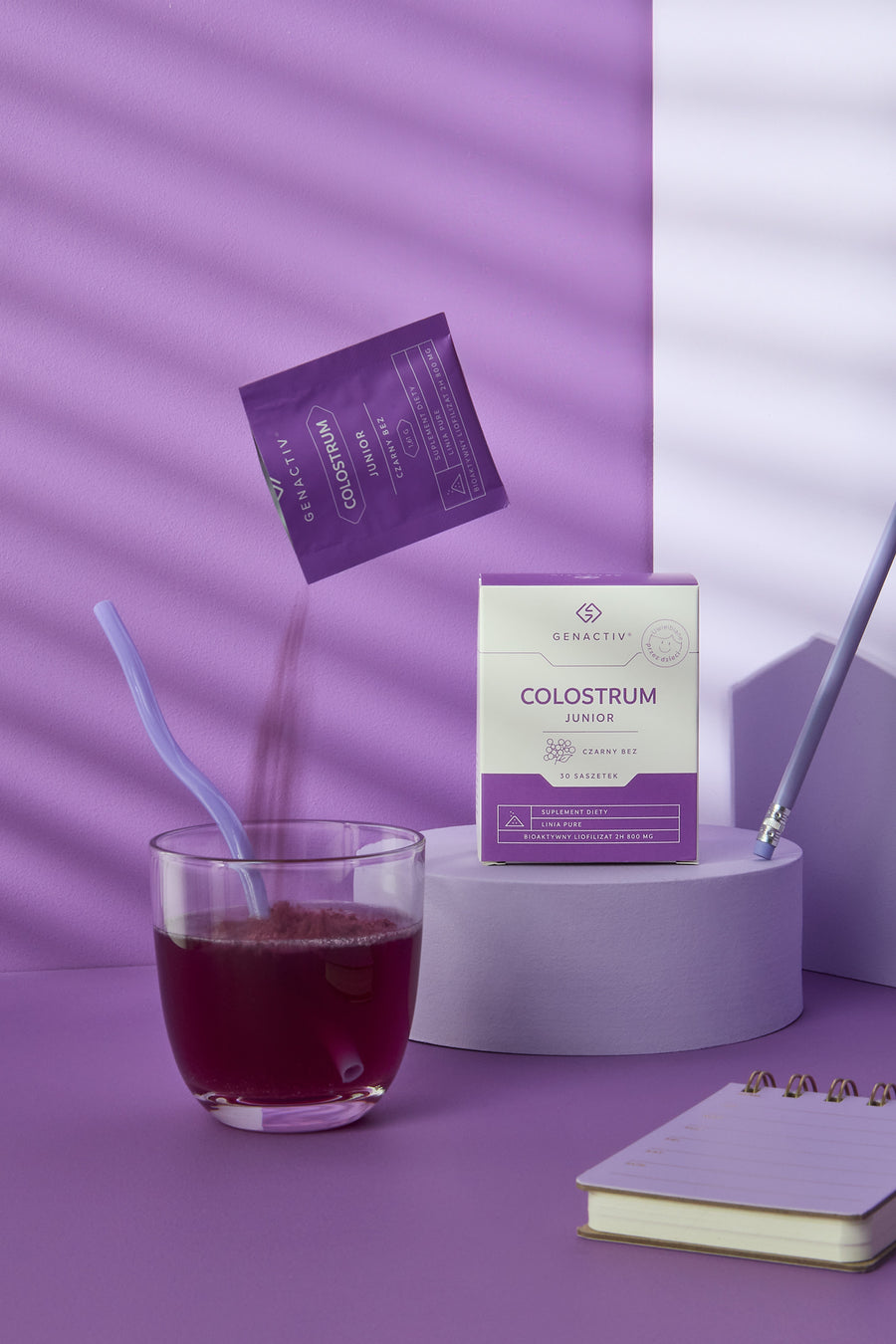 Colostrum Junior z czarnym bzem Genactiv, proszek – opakowanie produktu